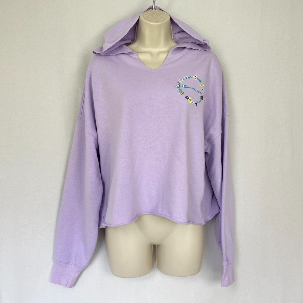 Champion Cropped Hoodie Sweatshirt Women Medium Pastel Purple Embroidered Floral